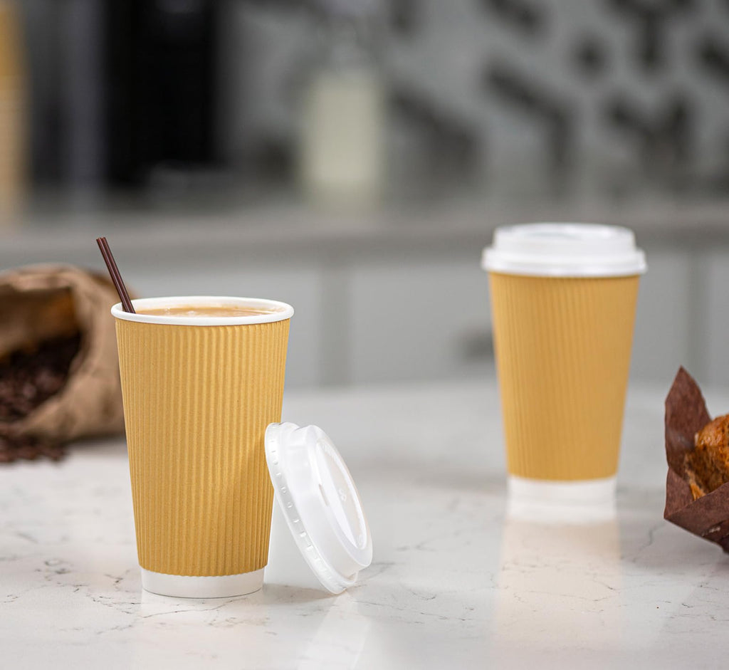 GUSTO [16 oz. - 50 Sets] Insulated Kraft Ripple Paper Hot Cups, Disposable Coffee Cups with Lids - Ideal for Hot Beverages, Travel, and Office Use - Formerly Comfy Package
