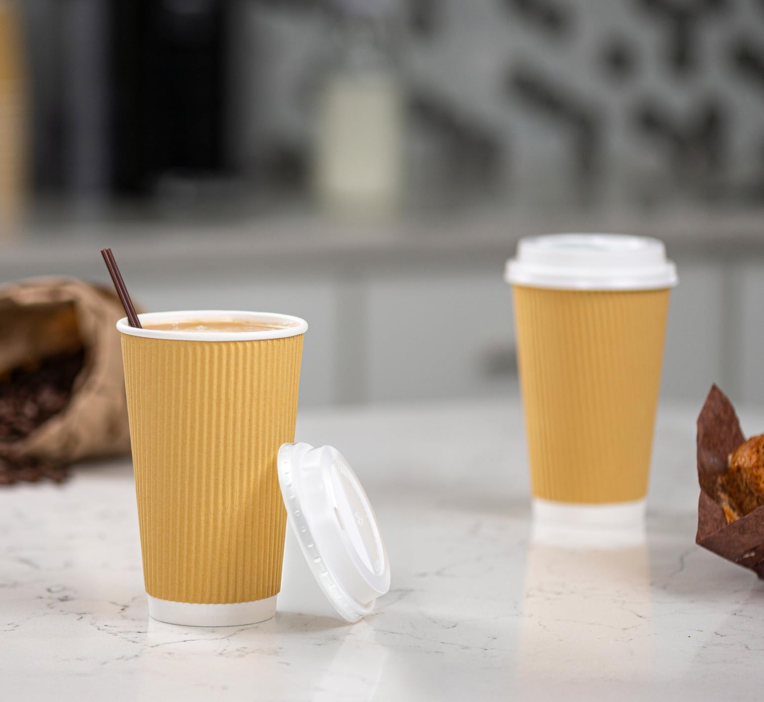 GUSTO [16 oz. - 50 Sets] Insulated Kraft Ripple Paper Hot Cups, Disposable Coffee Cups with Lids - Ideal for Hot Beverages, Travel, and Office Use - Formerly Comfy Package