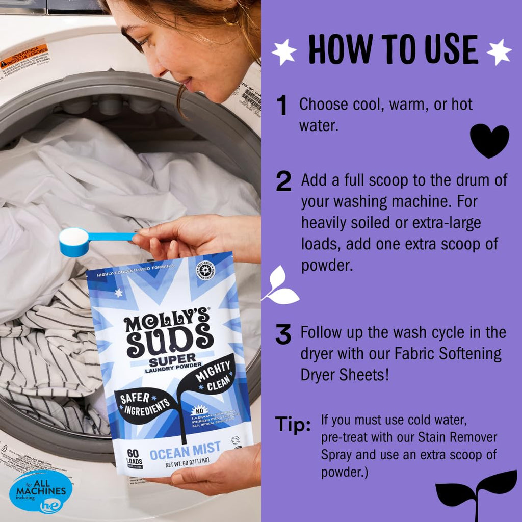 Molly's Suds Super Powder Detergent,Extra Strength Laundry Soap, Stain Fighting,Sensitive Skin,Simple, Effective Ingredients,60 Loads - Lavender