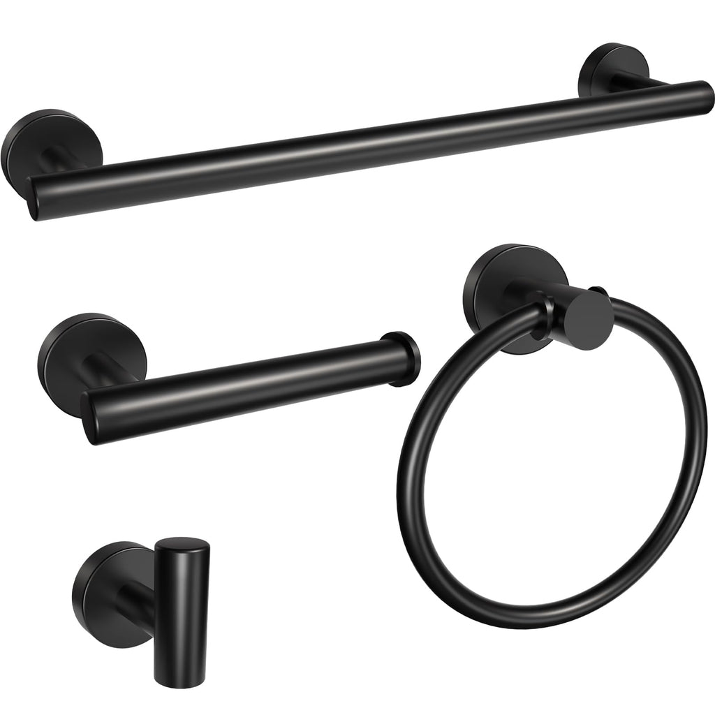 Matte Black Bathroom Accessories 4 Pieces, 16 Inch Stainless Steel Towel Bar Set, Towel Bar, Towel Ring Holder, Toilet Paper Holder, Wall Hook, Black Bathroom Towel Rack Set