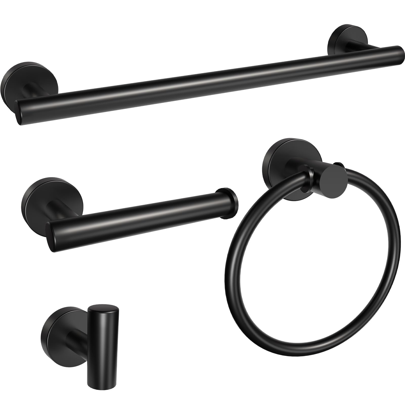Matte Black Bathroom Accessories 4 Pieces, 16 Inch Stainless Steel Towel Bar Set, Towel Bar, Towel Ring Holder, Toilet Paper Holder, Wall Hook, Black Bathroom Towel Rack Set