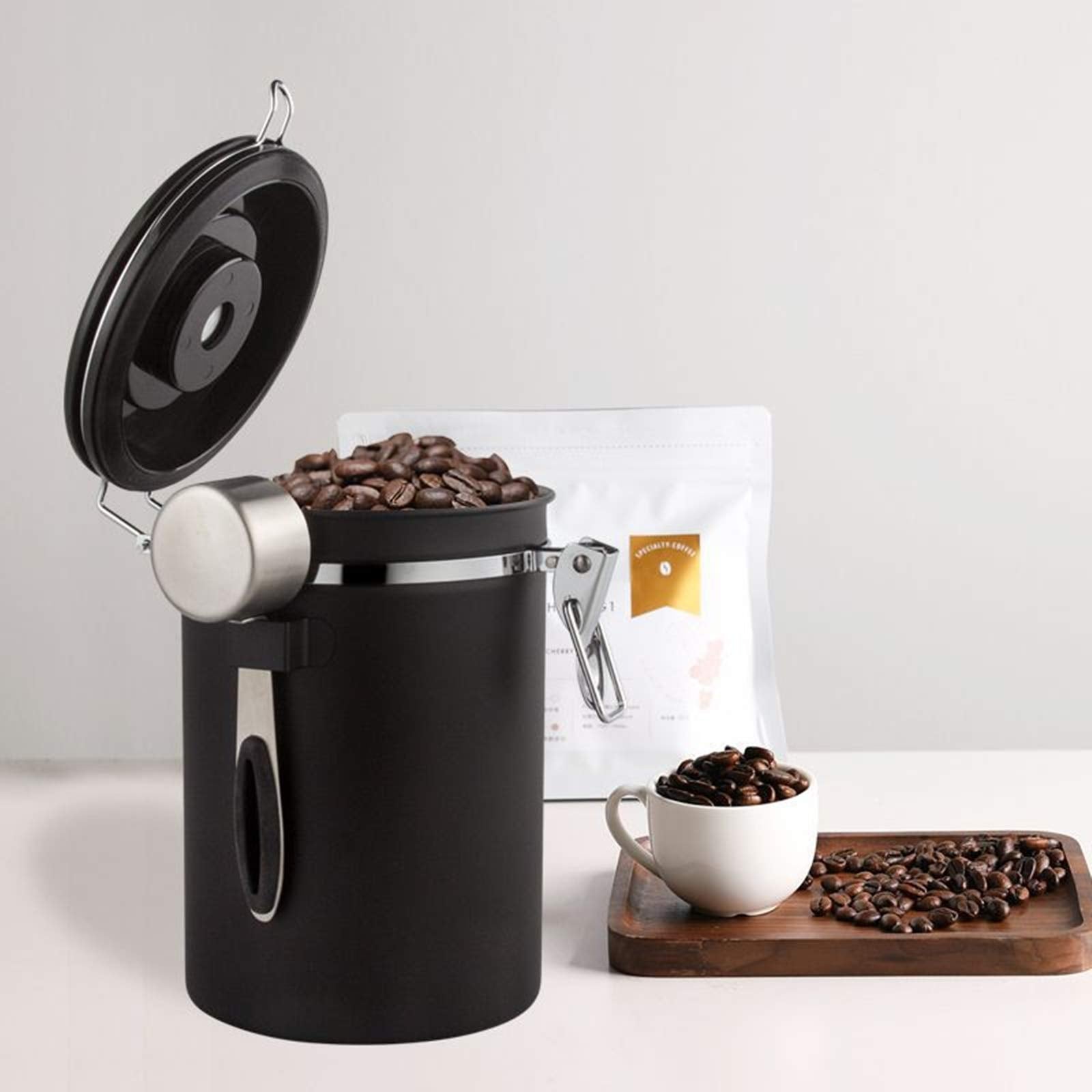 Yopay Airtight Coffee Canister, Stainless Steel Coffee Container with Measuring Scoop for the Kitchen, Coffee Ground Vault Jar With One Way Co2 Valve, Tea Coffee Beans Sugar Fresher, 16 oz, Black