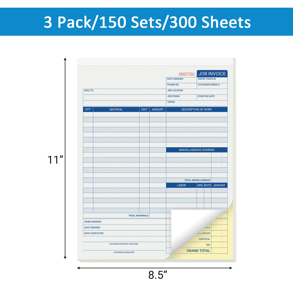 suituts 150 Sets Job Work Books, 2 Part Carbonless, 8.5X11 Inch Job Invoice Forms, Contractor Invoice Book and Repair Billing (50 Sets Each Pad, 3 Pad)