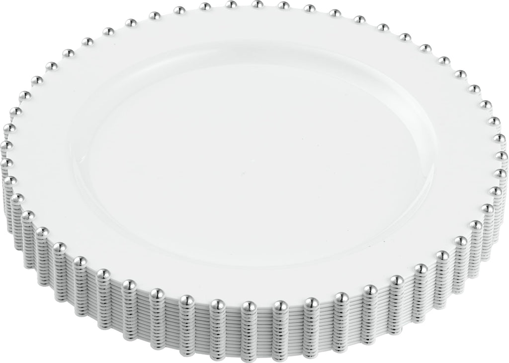 PLASTICPRO 32 Piece Combo Plastic Dinner Plates Disposable Plastic Fancy Heavy Duty Party Dishes 7 inch and 10 inch, White and Silver Beaded