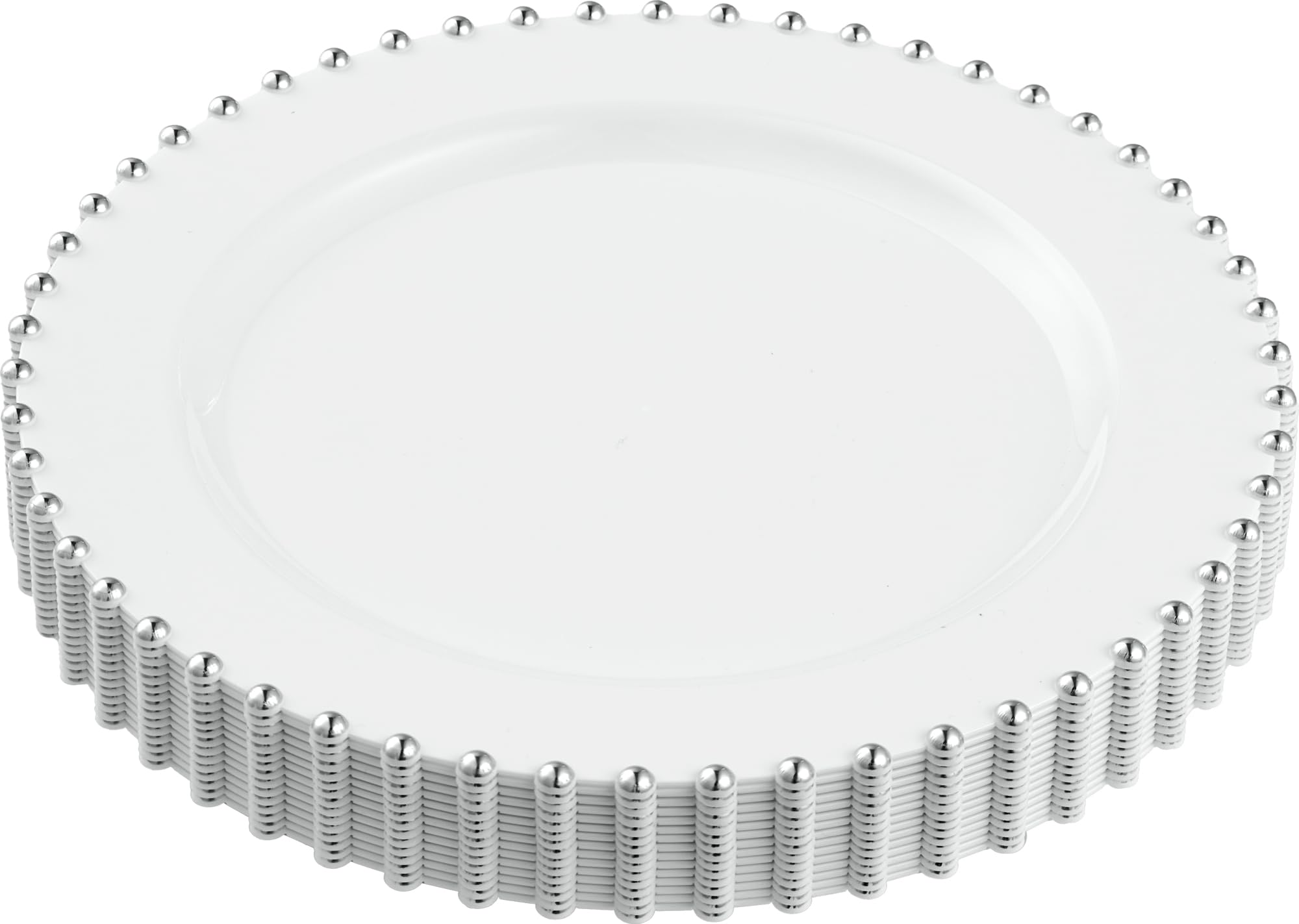 PLASTICPRO 32 Piece Combo Plastic Dinner Plates Disposable Plastic Fancy Heavy Duty Party Dishes 7 inch and 10 inch, White and Silver Beaded