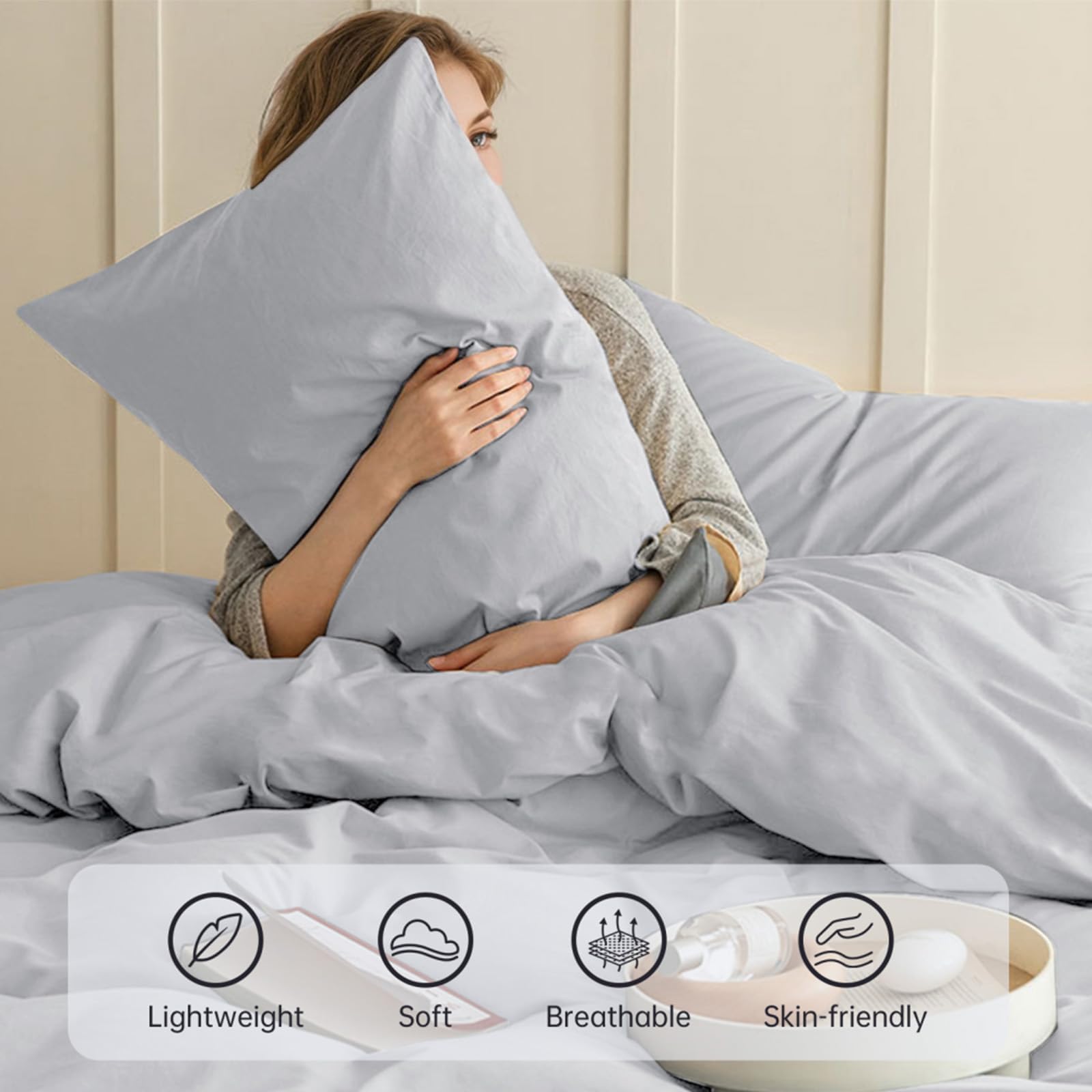 Sasttie Duvet Cover Queen, 3-Piece Ultra Soft Double Brushed Bedding Sets for All Season Use, Includes 1 Duvet Cover 90x90 Inches, 2 Envelope Pillowcases 20x30 Inches, Light Grey