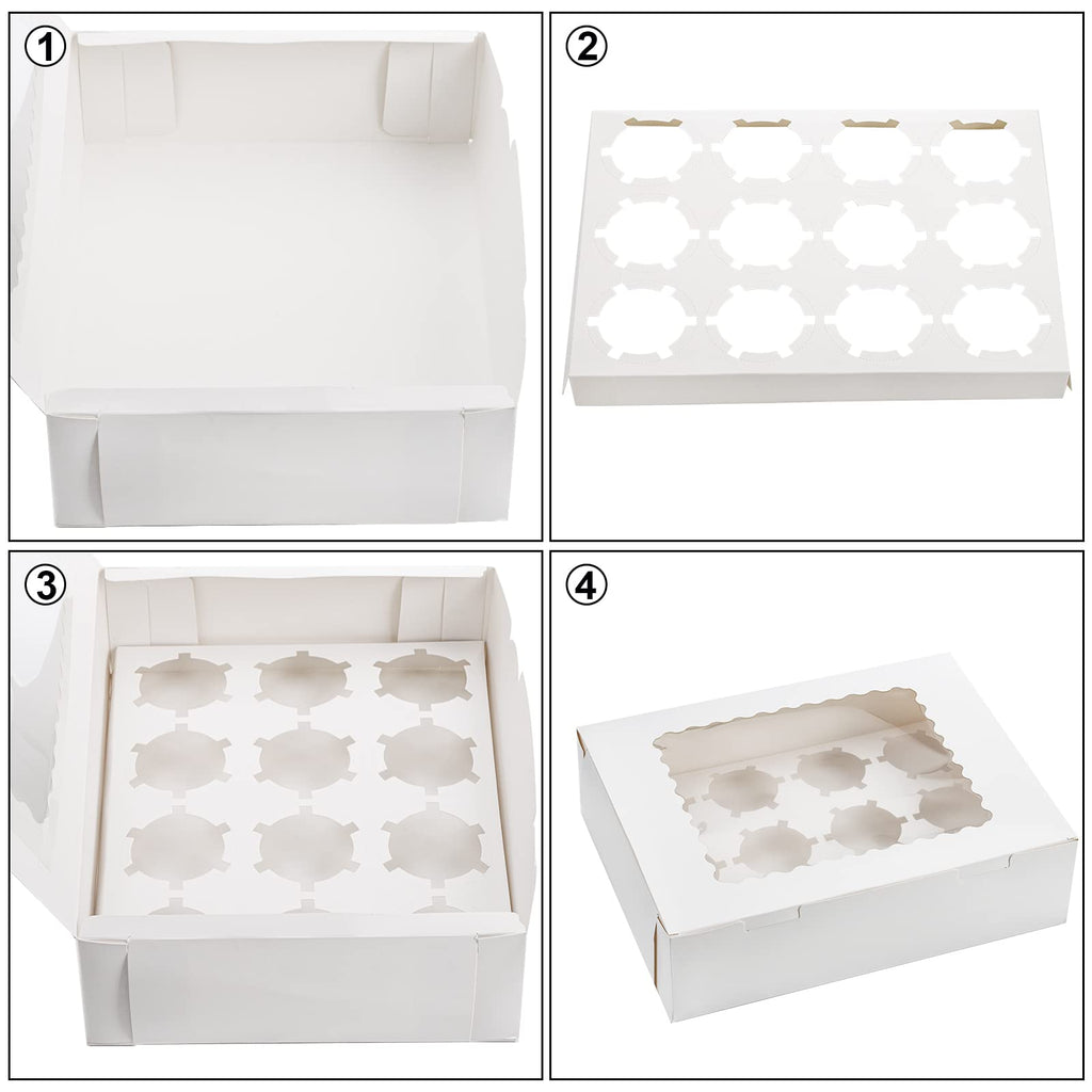 Jucoan 20 Pack Cupcake Boxes 12 Counts White Paper Cupcake Container with Inserts and Window, Bakery Container Dozen Cupcake Carrier Boxes for Muffins, Cookies, Pastry
