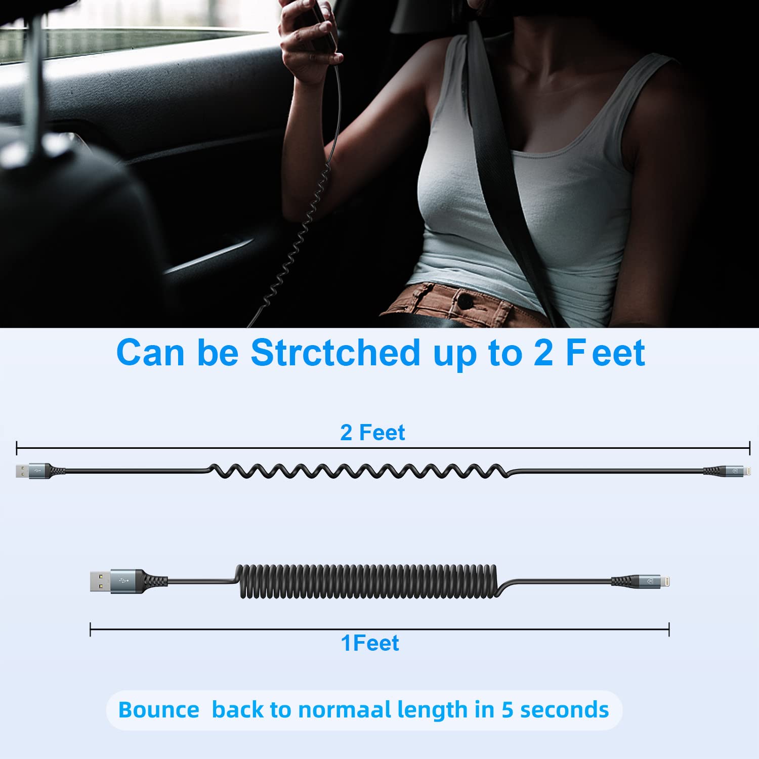 Coiled Lightning Cable, iPhone Charger Cable 3FT for Car [Apple MFi Certified] 3 Feet Lightning Cord Compatible with iPhone 14 13/12/11 Pro Max/XS MAX/XR/XS/X/8/7/Plus/6S iPad/iPod - Black