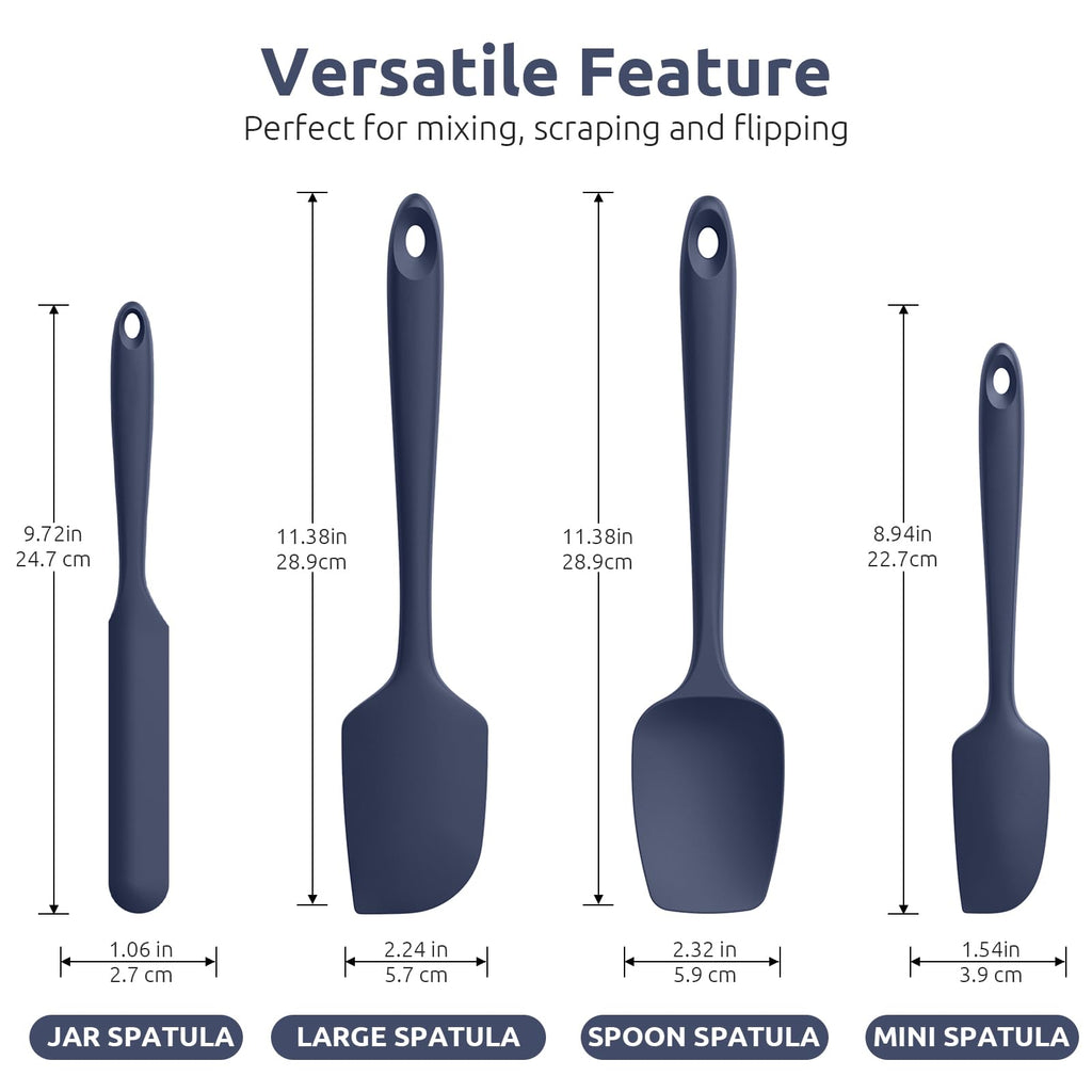 Heat Resistant Silicone Spatula Set: U-Taste 600ºF High Temp Seamless BPA-Free Food Grade Flexible Rubber Silicon Kitchen Cooking Mixing Baking Scraper for Nonstick Cookware Set of 4 (Midnight Blue)