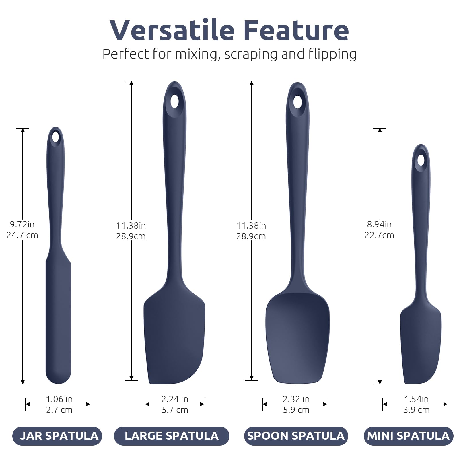 Heat Resistant Silicone Spatula Set: U-Taste 600ºF High Temp Seamless BPA-Free Food Grade Flexible Rubber Silicon Kitchen Cooking Mixing Baking Scraper for Nonstick Cookware Set of 4 (Midnight Blue)