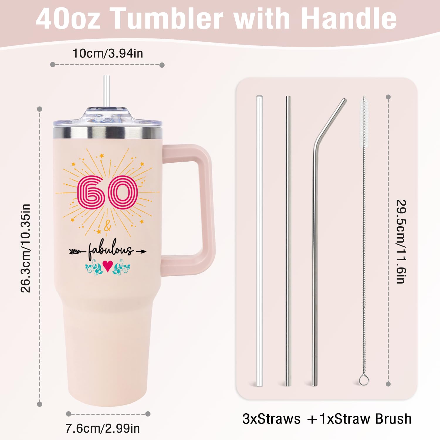 60th Birthday Gifts for Women Unique Fun Funny Cute 1966 60 th Birthday Gift for Woman Turning 60 Year Old Mom Mother Wife Aunt Auntie Sisters Teacher Friend and Fabulous Coffee Mug 40oz Tumbler