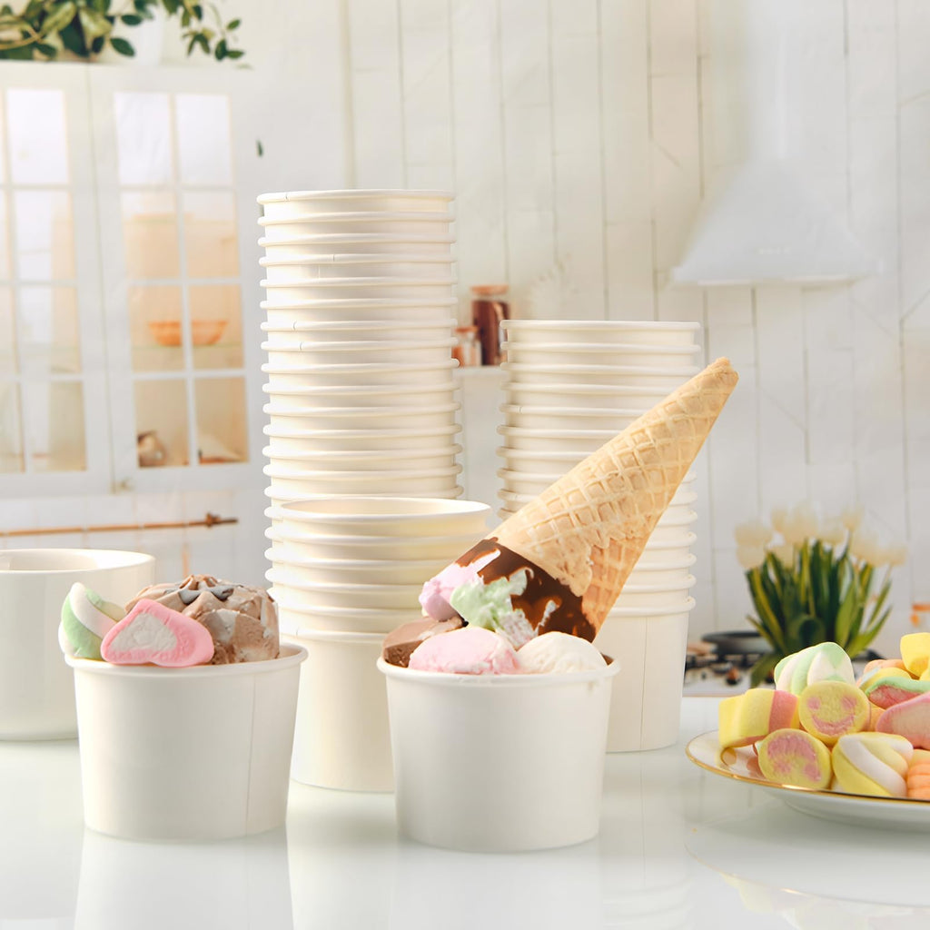 Belinlen 100 Count 4 oz Paper Ice Cream Cups Frozen Yogurt Cup Dessert Bowls Frozen Dessert Supplies(White)