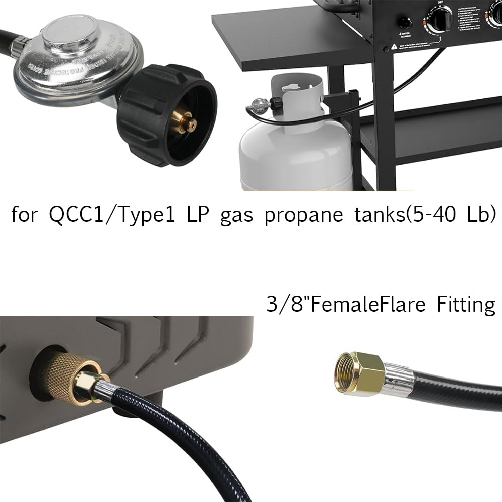 5 Feet Propane Regulator and Hose for Low Pressure Appliance with QCC1 & 3/8" Female Swivel Fittings Gas Line BBQ Grill Heater Burner Generator Griddle Fire Pit Regulateur Tank Adapter Gauge Fittings