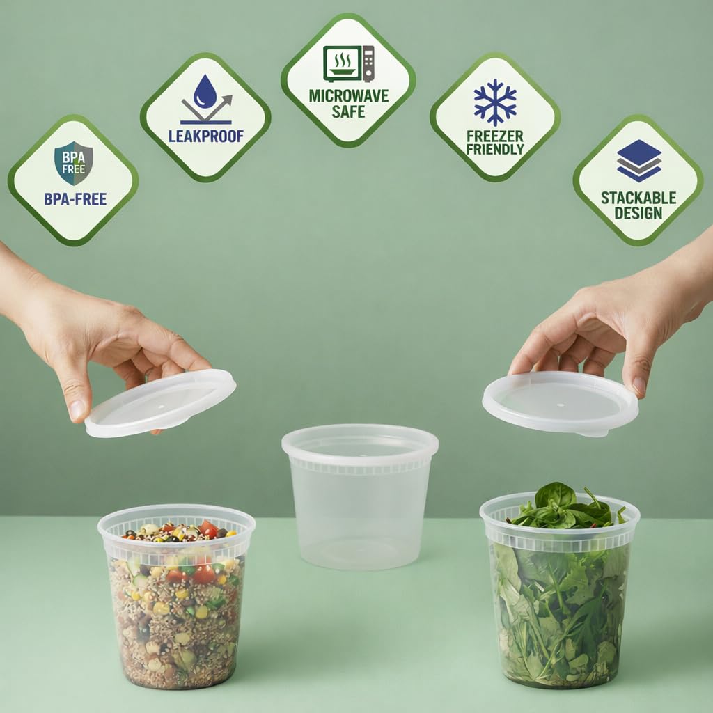 Deli Food Containers with Lids - (48 Sets) 24-32 Oz Quart Size & 24-16 Oz Pint Size Airtight Food Storage Takeout Meal Prep Containers with 54 Lids, BPA-Free, Dishwasher, Microwave Safe