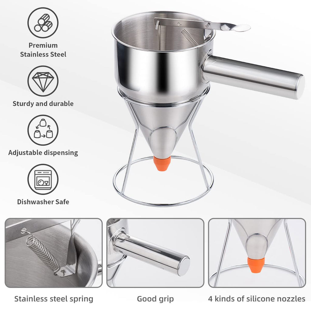 40oz Pancake Batter Dispenser, Stainless Steel Funnel Cake Dispenser with 4 Silicone Nozzles, Perfect for Pancakes, Cupcakes, and Funnel Cakes