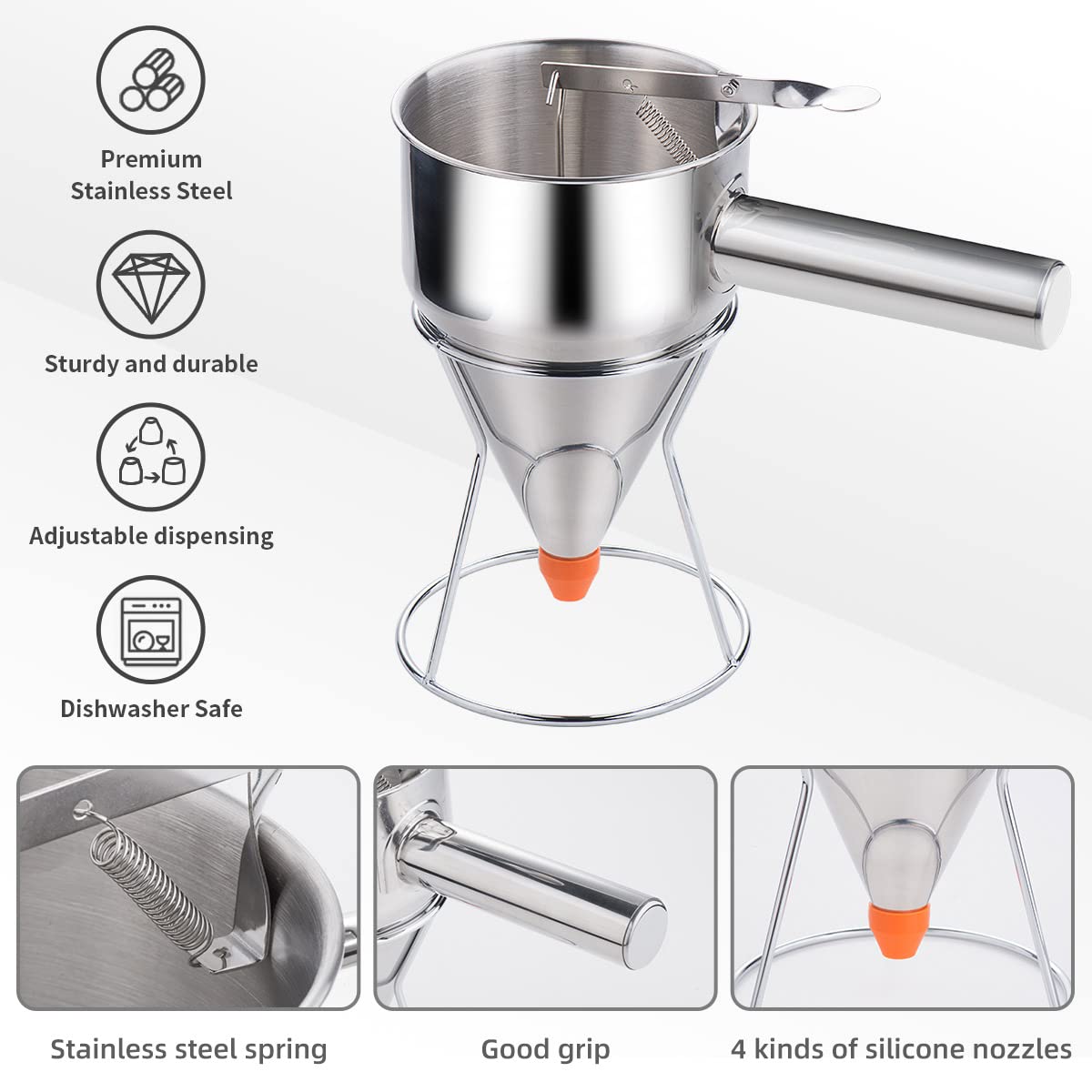 40oz Pancake Batter Dispenser, Stainless Steel Funnel Cake Dispenser with 4 Silicone Nozzles, Perfect for Pancakes, Cupcakes, and Funnel Cakes