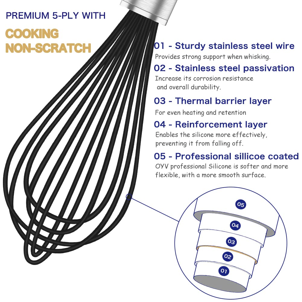 OYV Silicone Whisk,3 Pack Professional whisks for Cooking Non Scratch,Stainless Steel & Silicone wisk,Plastic Rubber Whisk for nonstick cookware,Small Silicone Whisk Set,Black