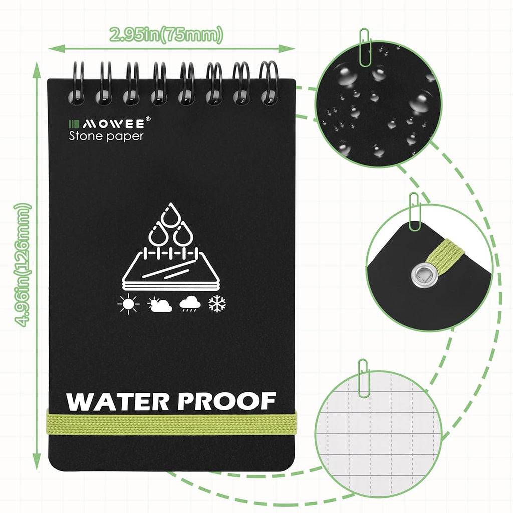 MOWEE Waterproof Notebook set of 5，3 x 5 Stone Paper Pocket Notepads，Portable All Weather Notebooks for Indoor & Field Police Notepad w/3pcs Small Spiral Note book, Pen & Storage Bag (5pcs, Black)