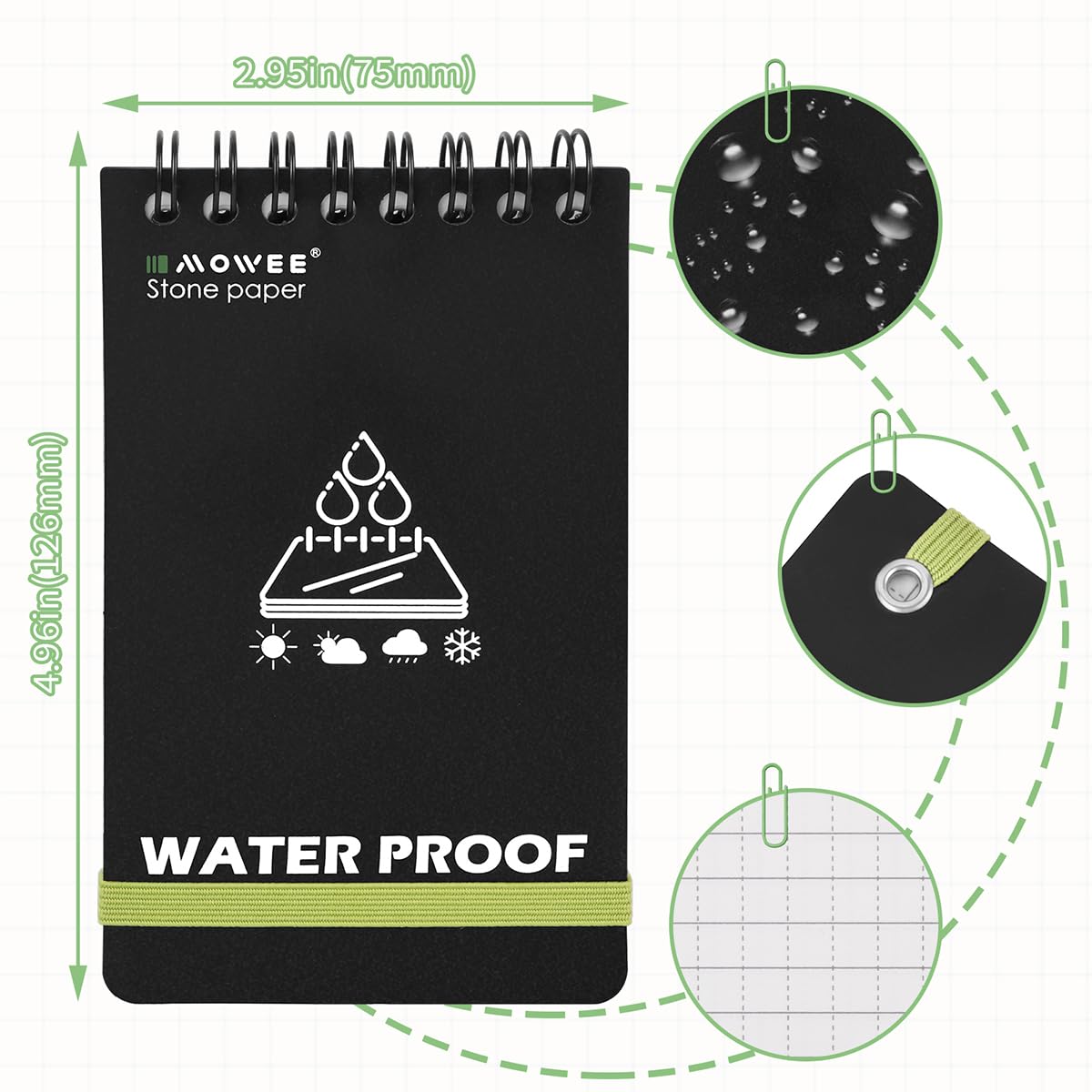 MOWEE Waterproof Notebook set of 5，3 x 5 Stone Paper Pocket Notepads，Portable All Weather Notebooks for Indoor & Field Police Notepad w/3pcs Small Spiral Note book, Pen & Storage Bag (5pcs, Black)