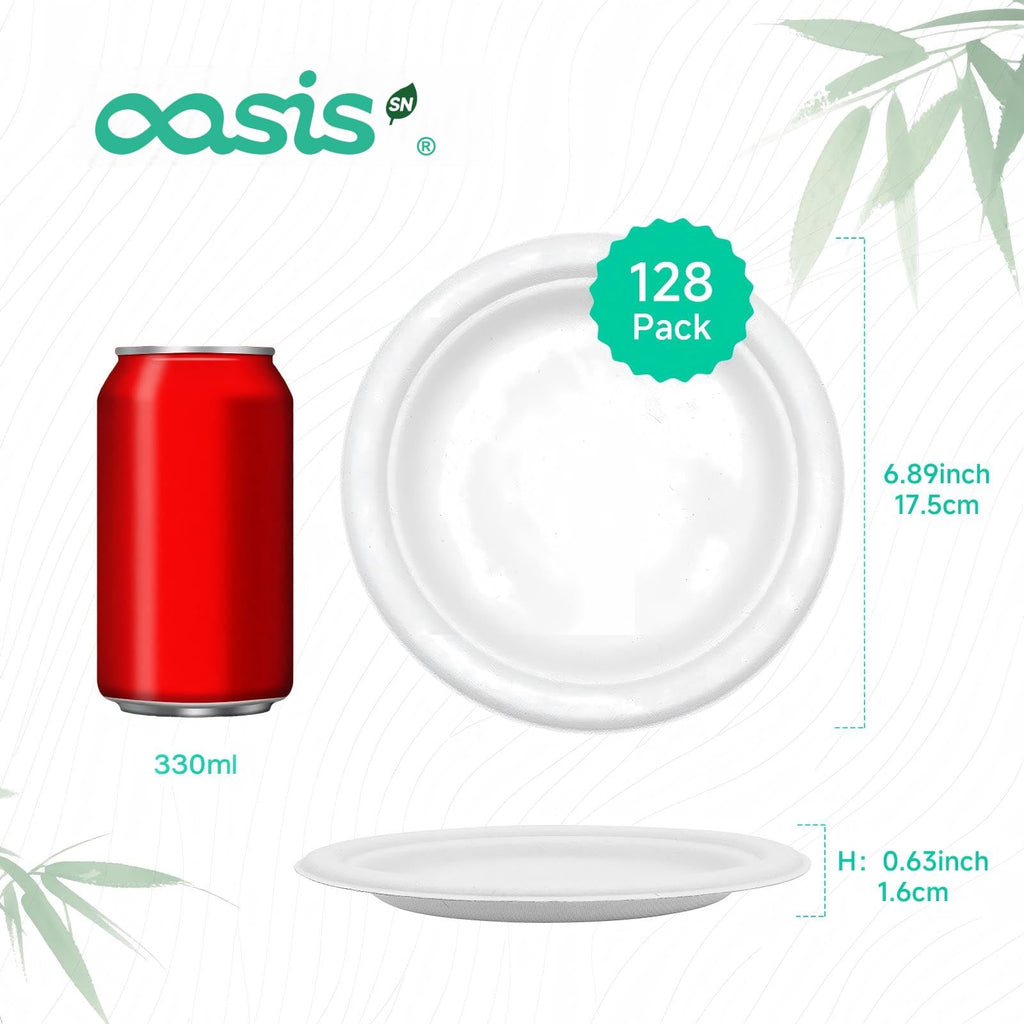 OasisSN 7 Inch 128 Pack Compostable Disposable Paper Plates, Heavy Duty Sugarcane Bagasse Plates, Biodegradable Eco-Friendly for Snacks & Parties, White