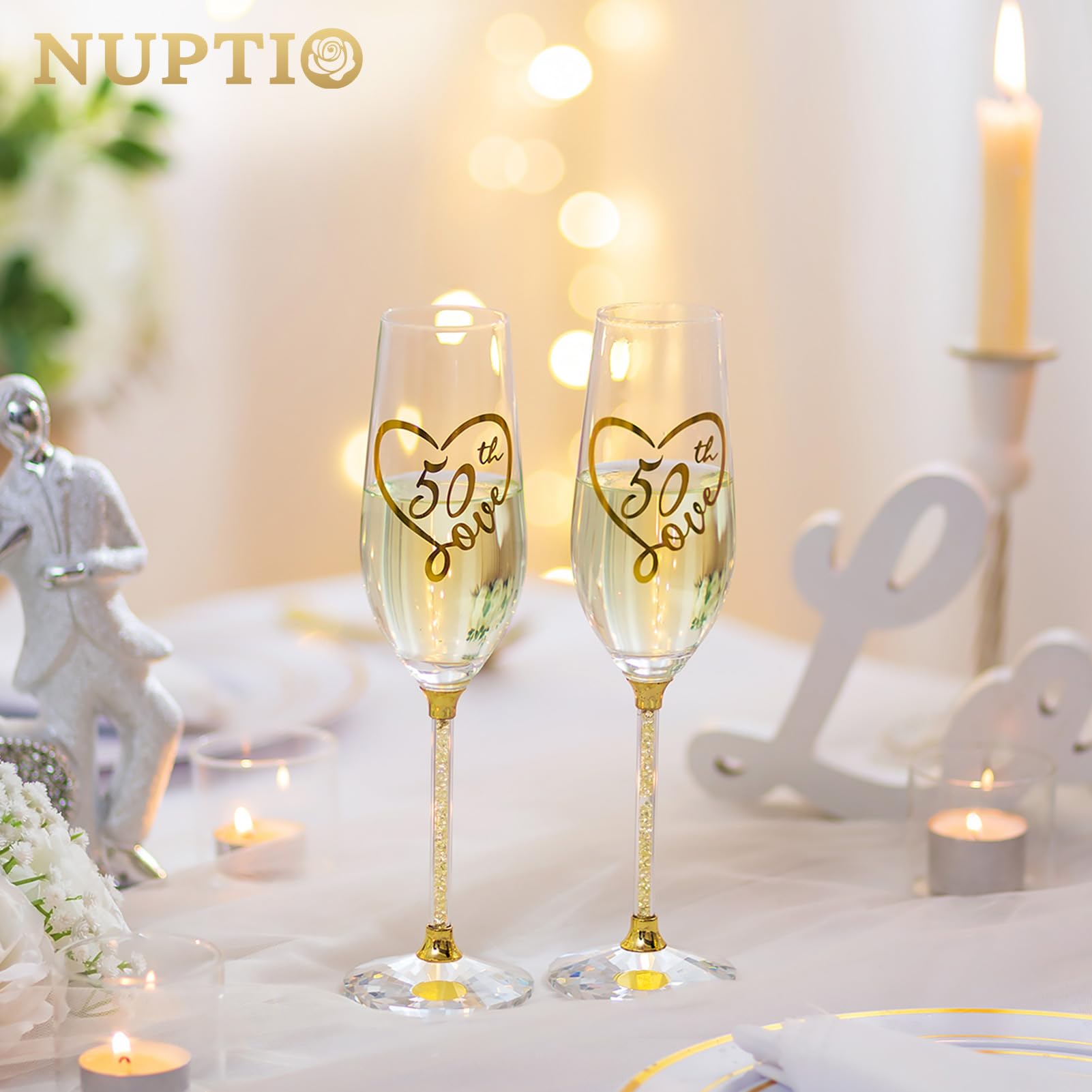 NUPTIO 50th Anniversary Champagne Flutes: Set of 2 Gold Crystal Toasting Glasses with Wooden Gift Box Engraved Wine Glass for Birthday Party Table Decoration Ideal Gifts for Couple Parents His and Her