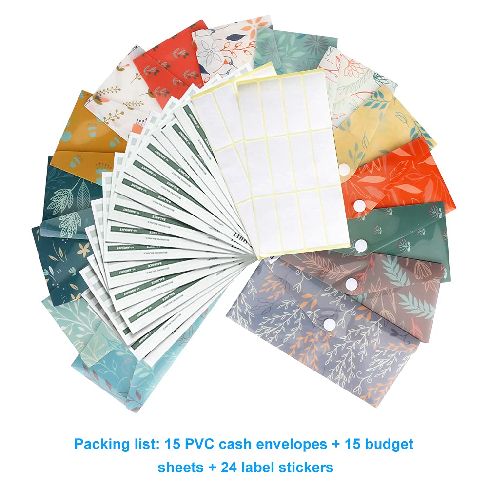 Number-one 15 Budget Envelopes, Waterproof Cash Budget Envelope, Reusable Plastic Cash Envelopes, Money Envelopes for Budgeting and Saving, Includes 15 Budget Sheets and 24 Label Stickers