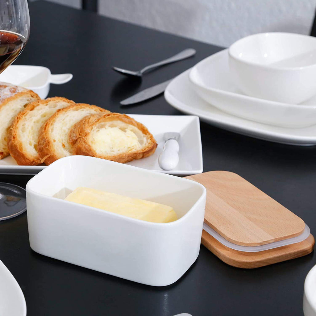 HPYNPES Large Ceramic Butter Dish with Lid and Natural Oak Wood Cover for Kitchen Decor and Accessories for Kitchen Gift, White