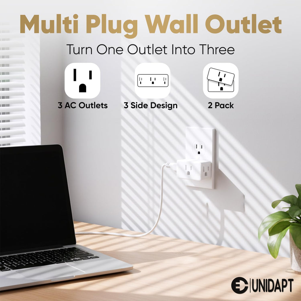 Unidapt 3 Outlet Multi Plug Wall Adapter, Multiple Outlet Splitter, Extender Grounded Wall Power Bar Plug Expander for Cruise Ship Home Office Dorm Essentials, 2-Pack (WSL-05)
