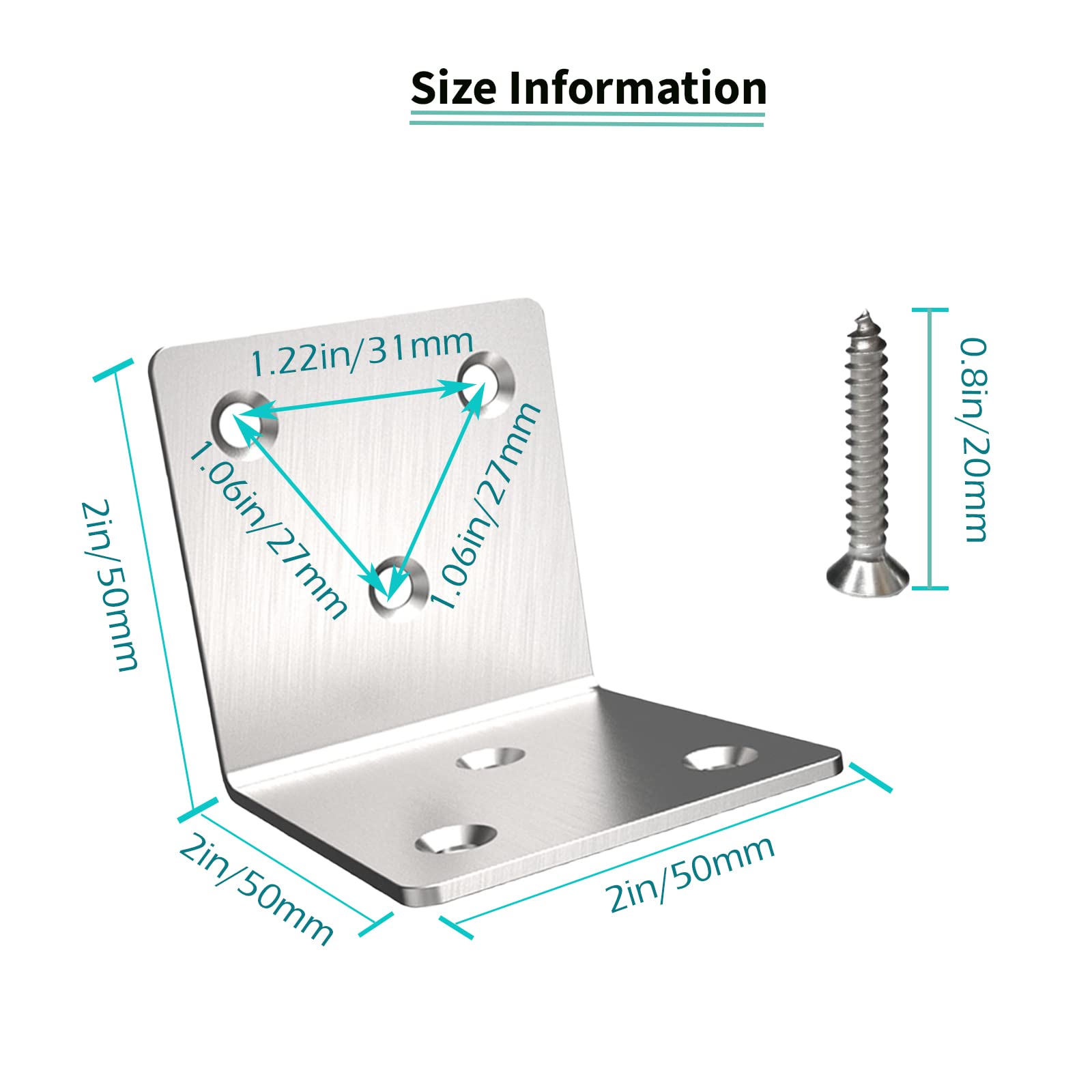Stainless Steel Corner Bracket,Joint Right Angle Bracket,L Shape Heavy Duty Metal Corner Brace Shelf Supporter for Wood Aufuga (20, 2x2x2)