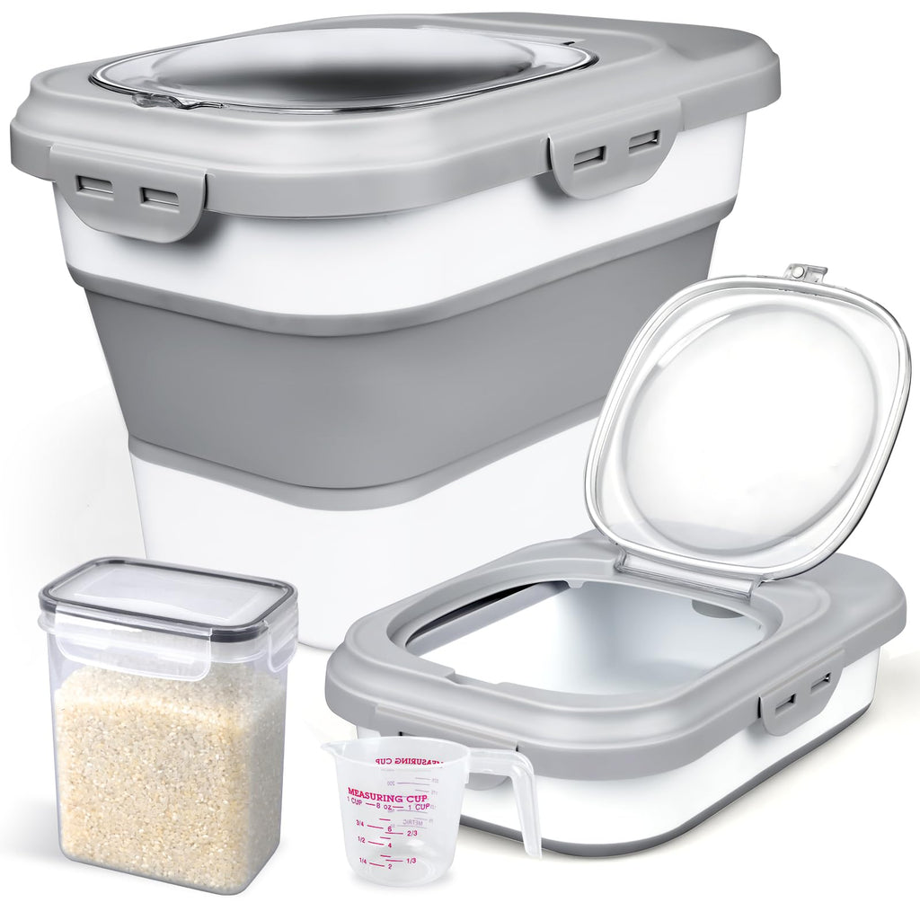 Komzon Rice Storage Container, Collapsible Airtight Food Storage Containers 6-20 Lbs, Rice Dispenser with Measuring Cup and Small Bin for Flour Cereal Pasta Grain, Cat Pet Dog Bird Food Container