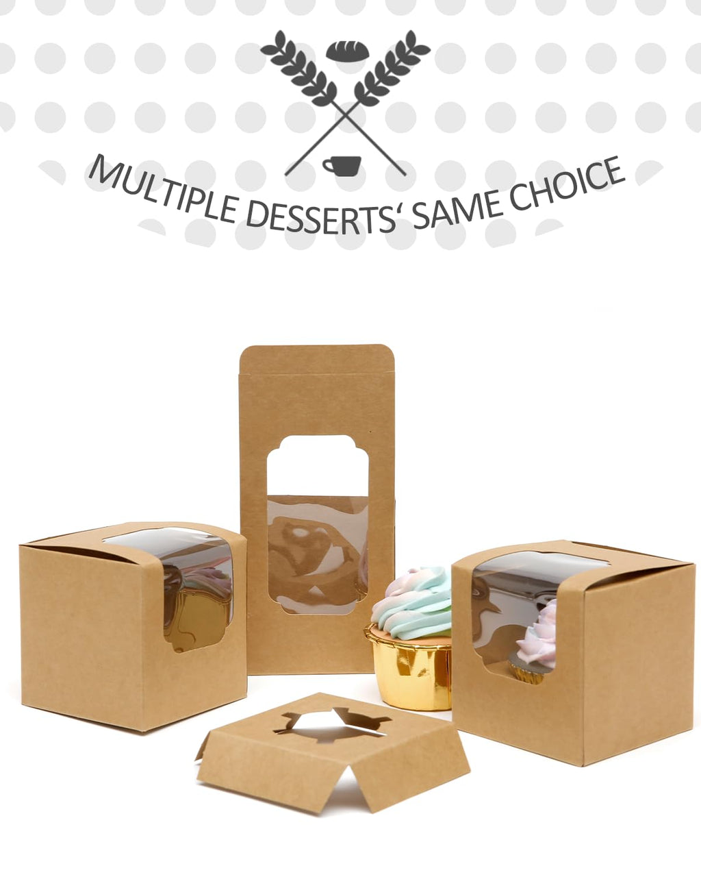 qiqee Brown Cupcake Boxes Individual Cupcake Container 100pcs 3.5" x 3.5" x 3.5" Auto-Pop up Single Cupcake Boxes (100 Boxes+100 Inserts)