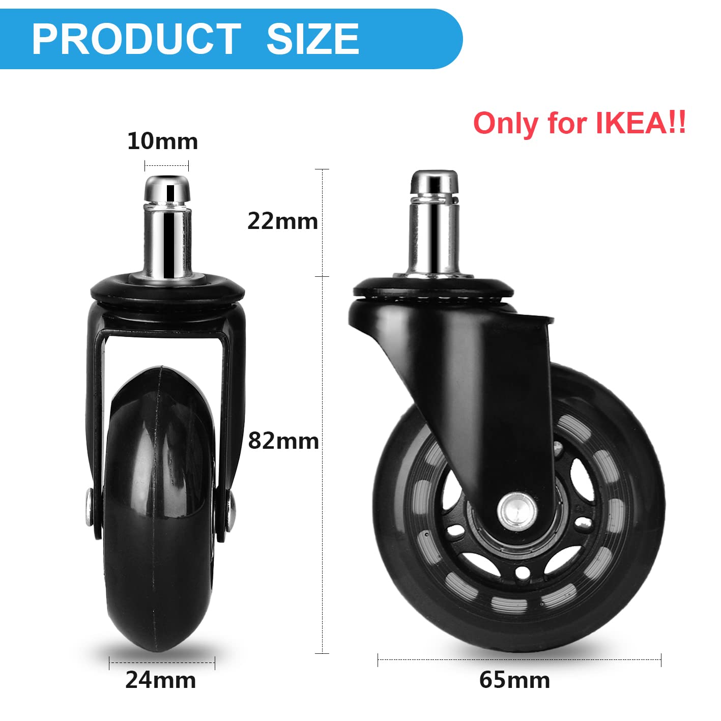 Rollerblade Caster Office Chair Wheels Replacement for Hardwood Floors, Heavy Duty Desk Chair Casters Gaming Chair Wheels,10mm Only for IKEA Chair Rollerblade Casters 2.5 inch Set of 5
