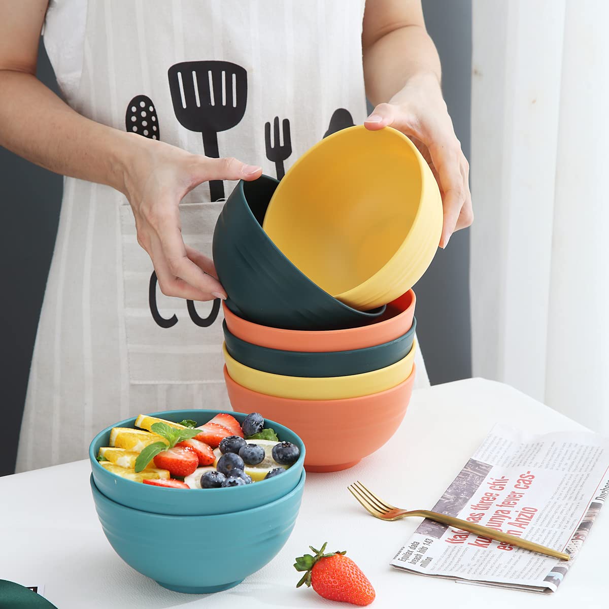 Kyraton Plastic Cereal Bowls 8 Pieces, Unbreakable and Reusable Light Weight Bowl for Rice Noodle Soup Snack Salad Fruit BPA Free Dishwasher Safe (Mutil Color)