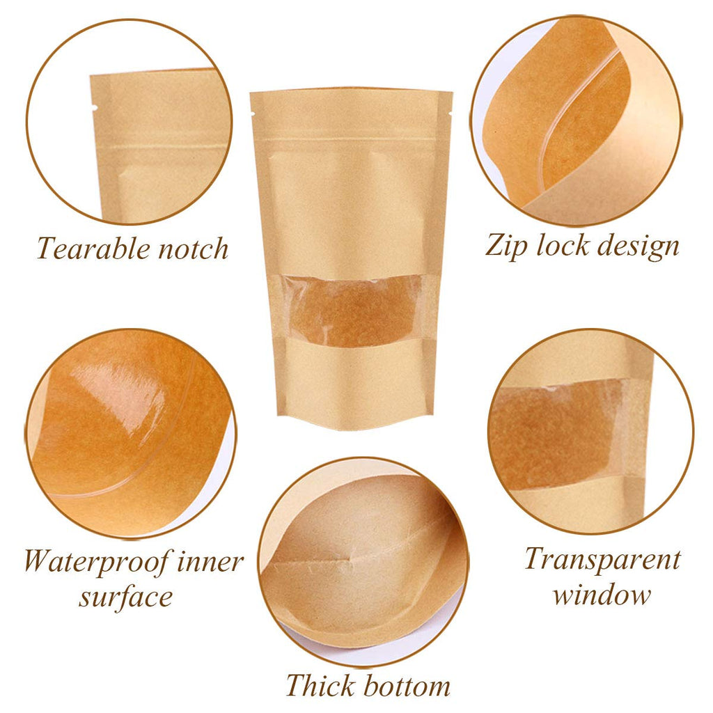 Kraft Zip Lock Stand Up Food Bags, Katfort 100pcs Kraft Bags Pouches with Window & Tear Notch, 7.8''×4.6'' Food Saver Food Storage Bags Paper Party Gift Favor Wrap for Candy, Coffee Beans Nuts