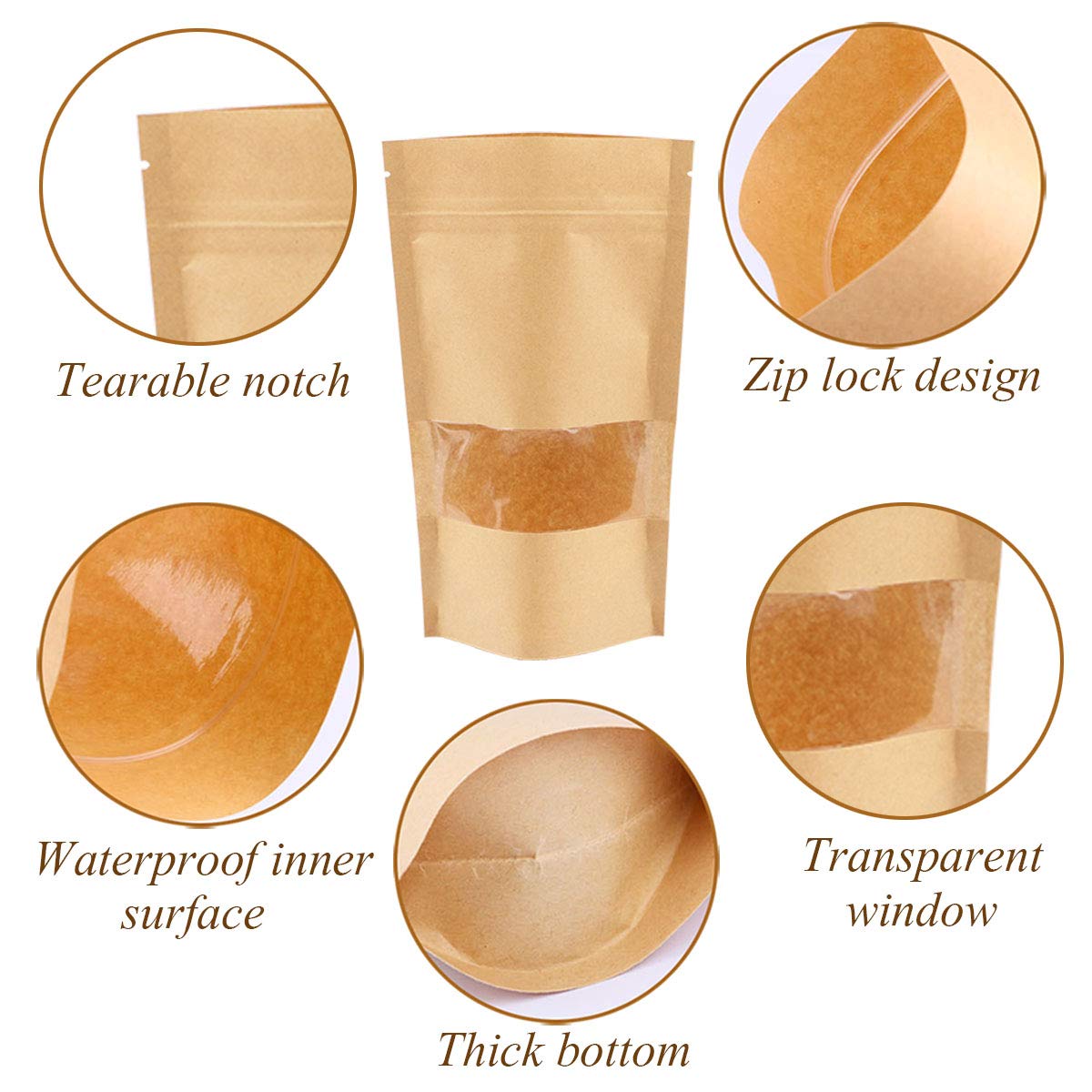 Kraft Zip Lock Stand Up Food Bags, Katfort 100pcs Kraft Bags Pouches with Window & Tear Notch, 7.8''×4.6'' Food Saver Food Storage Bags Paper Party Gift Favor Wrap for Candy, Coffee Beans Nuts