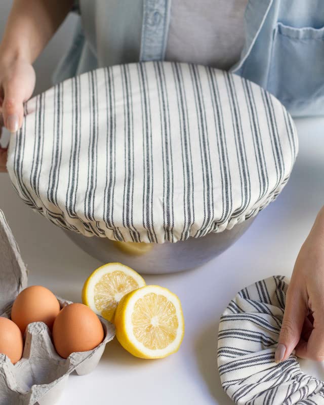 Now Designs Reusable Bowl Cover to Reduce Waste, Ticking Stripe - Large & Medium | Set of 2