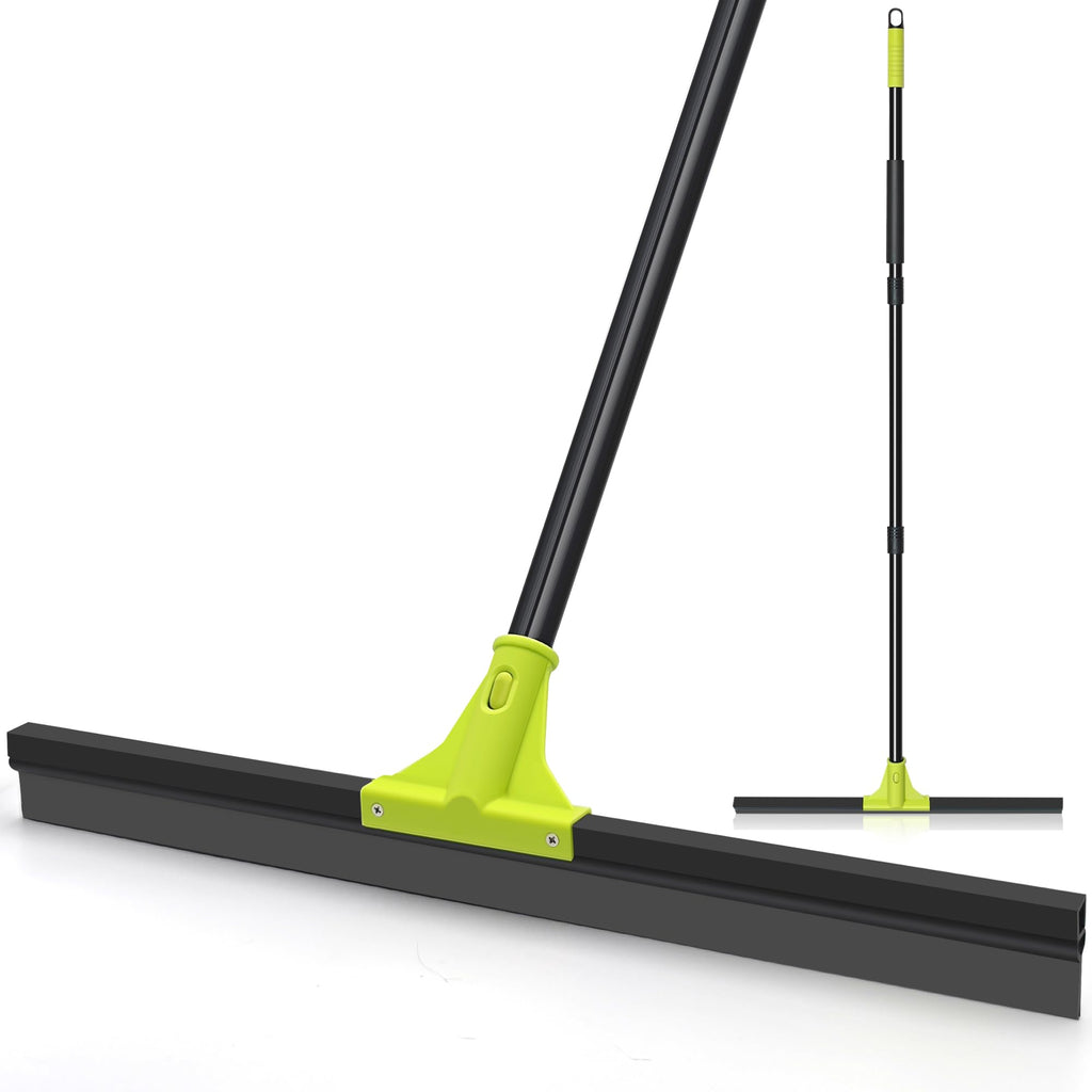 TidyBliss Floor Squeegee Broom, 24 inches Large Heavy Duty Rubber Foam Water Scraper, Epoxy Wiper Mop with 62 inches Long Handle for Cleaning Concrete Pool Rug Garage Deck Shower Window Outdoor Green