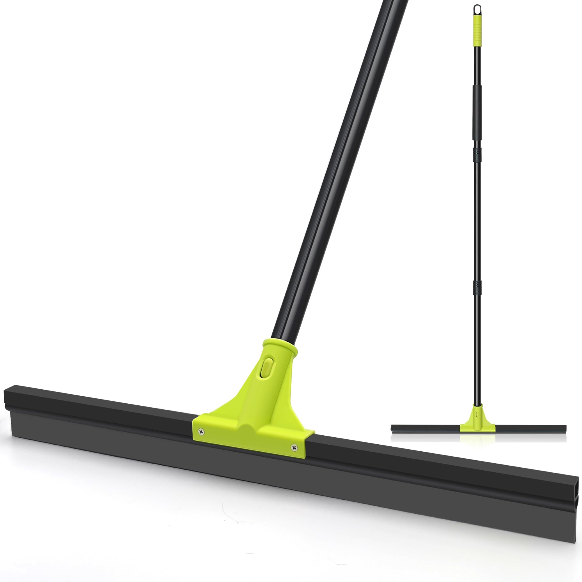 TidyBliss Floor Squeegee Broom, 24 inches Large Heavy Duty Rubber Foam Water Scraper, Epoxy Wiper Mop with 62 inches Long Handle for Cleaning Concrete Pool Rug Garage Deck Shower Window Outdoor Green