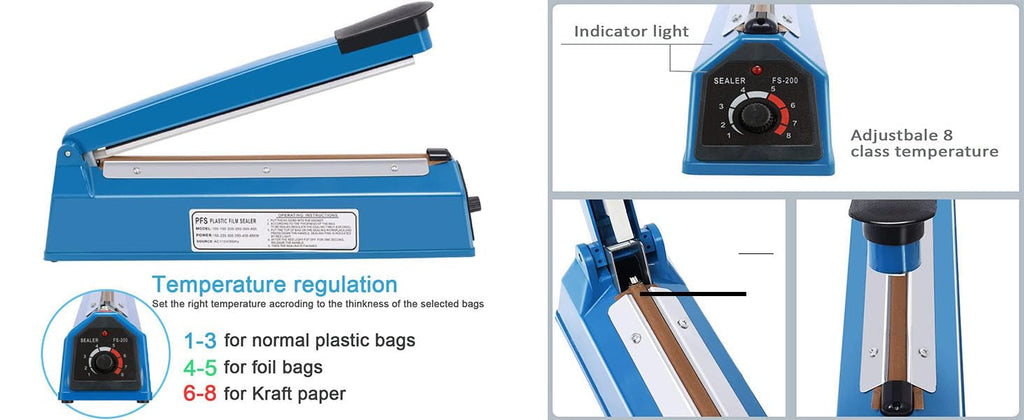 Impulse Heat Sealer Manual Bags Heat 8/12 Inch Impulse Sealing Machine for Plastic PE PP Bags with Extra Replace Element Grip (200mm, Blue)