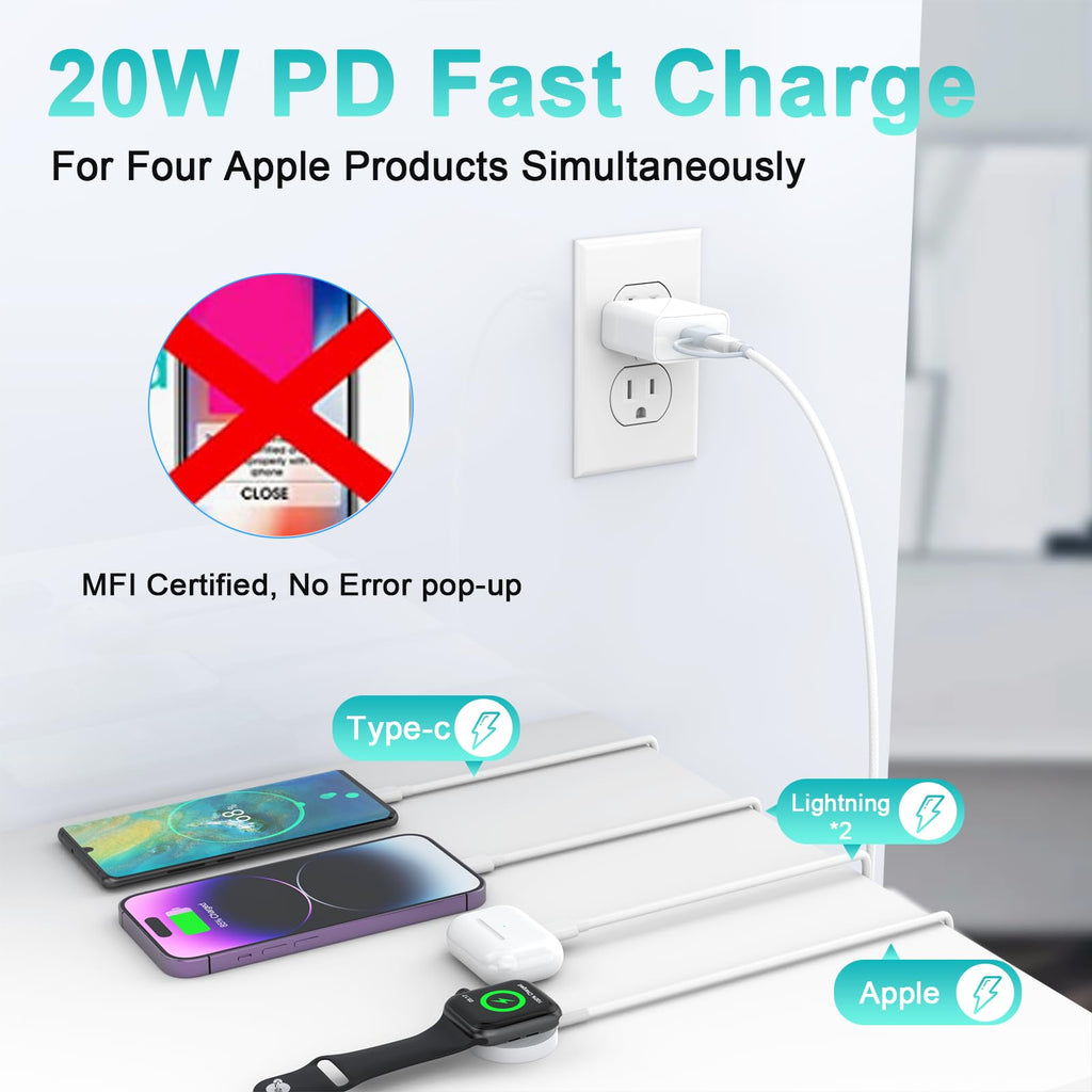 4 in 2 USB C iWatch Charger for iWatch, 6FT Watch Fast Charging Cable for Watch Series 10/9/8/7/6/5/4/3/SE/Ultra, Multi Charger Cable for iPhone16/15/14/13/Samsung S24/23/S22