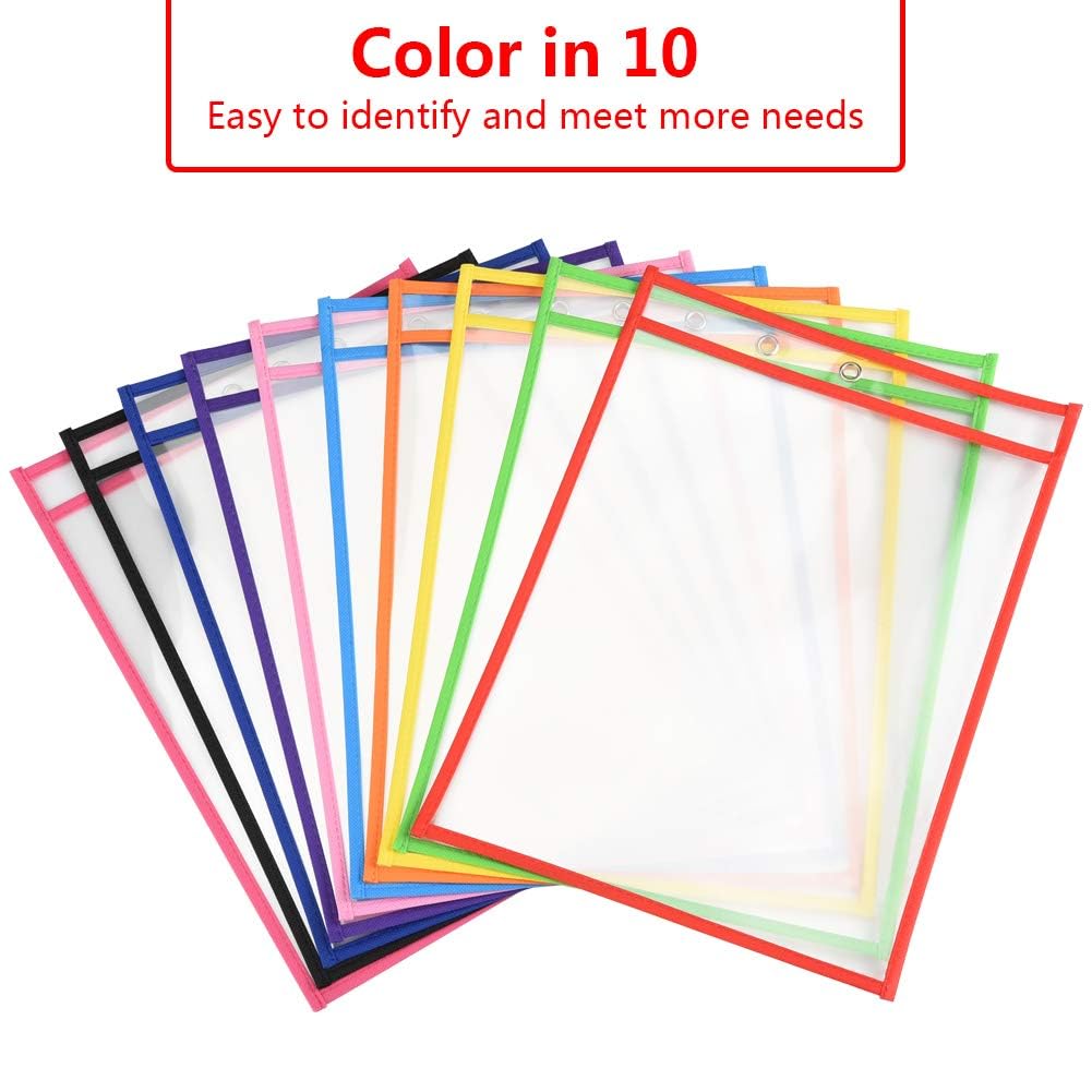 20 Pcs Reusable Dry Erase Pockets Sleeves, 13.6" X 10" Job Ticket Holders, Clear Dry Erase Sheet Protectors for Office School Classroom & More, 10 Colors