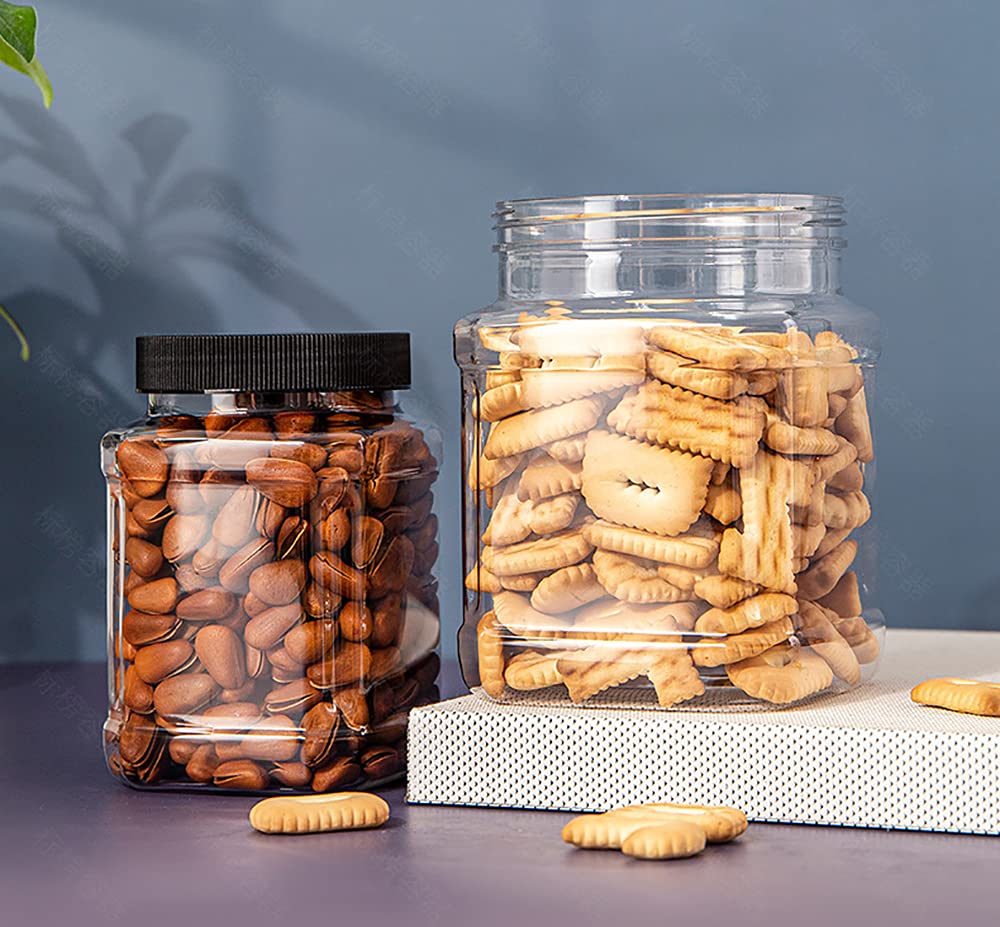 Lawei 6 Pack Clear Plastic Square Jars - 32 Oz Containers with Easy Grip Handles for Dry Goods, Cookies, Candy and More