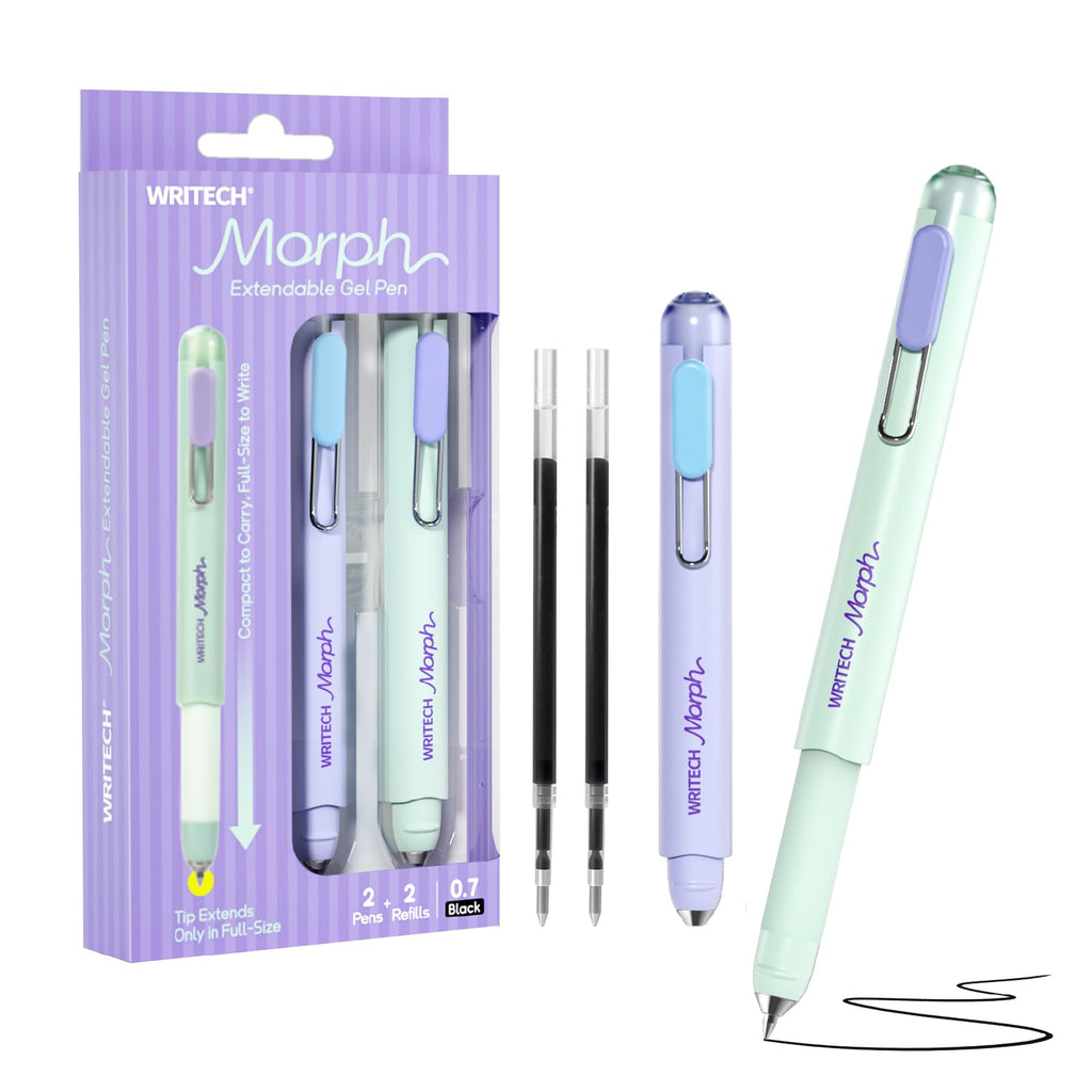WRITECH Gel Pen Fine Point: 0.7mm Black Ink Mini to Full Size Soft Grip Portable Extendable Pocket Pen Set with 2 Pens and 2 Refills