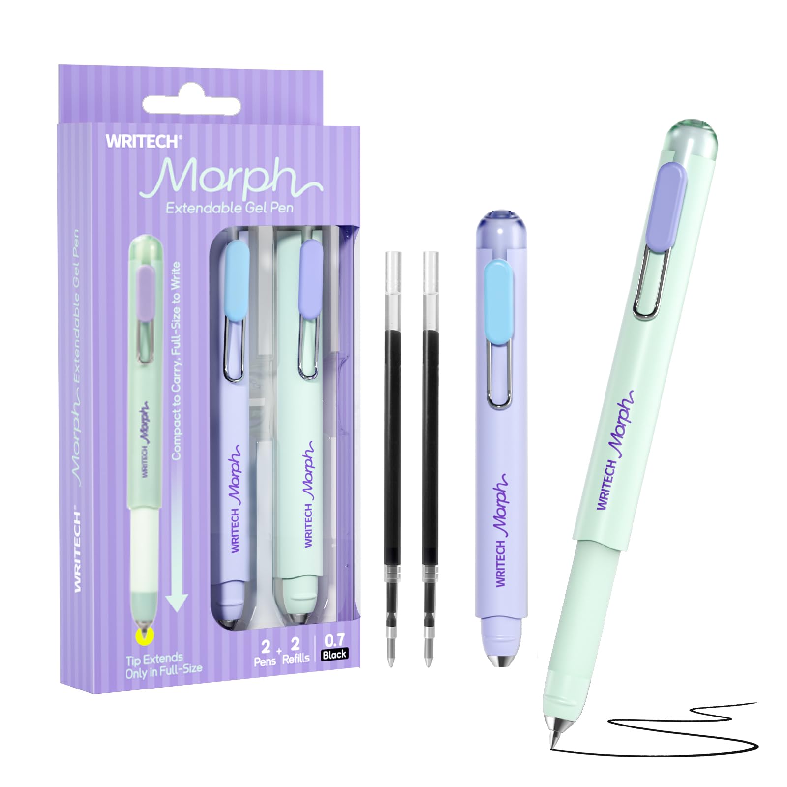 WRITECH Gel Pen Fine Point: 0.7mm Black Ink Mini to Full Size Soft Grip Portable Extendable Pocket Pen Set with 2 Pens and 2 Refills