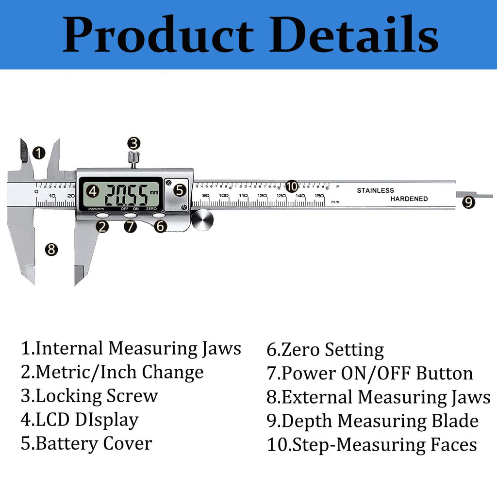 CAROSE Digital Caliper, 6 Inch/150mm Stainless Steel Vernier Caliper with IP54 Large LCD Screen and Inch/Millimeter Conversion