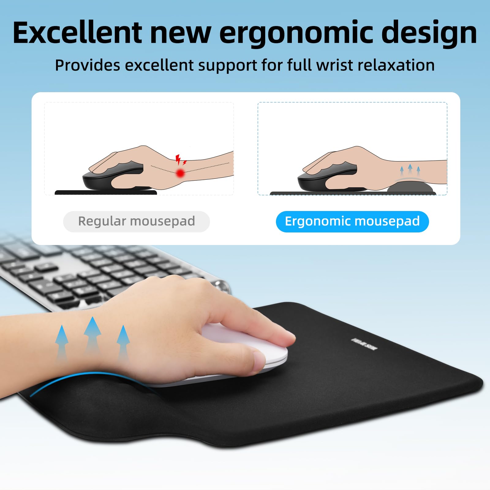 Ergonomic Mousepad with Slow-Rebound Memory Foam Wrist Rest - Ultra Smooth Surface, Non-Slip Base, Desk Essential for Office, Design, Gaming, 24x20.5 cm