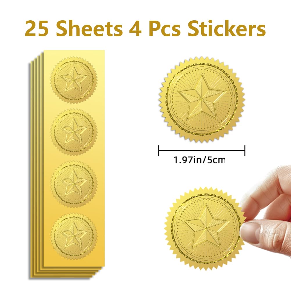 Peacoblue Gold Foil Stickers Seals Official Embossed Star 2 Inch 100Pcs, Self Adhesive Gold Around Embossing Medal Stickers for Certificate Paper, Envelope Seals, Awards and Achievements