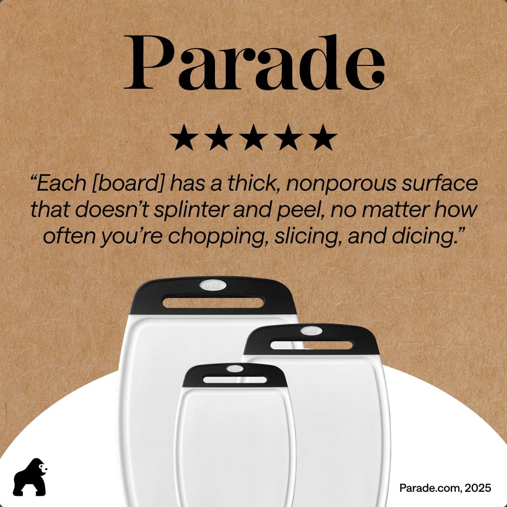 GORILLA GRIP Durable Cutting Board Set of 3, Multiple Sizes, Reversible and Oversized, Easy Grip Handle, Juice Grooves, Dishwasher Safe, Large Kitchen Chopping Boards, Meat, Veggies, Black