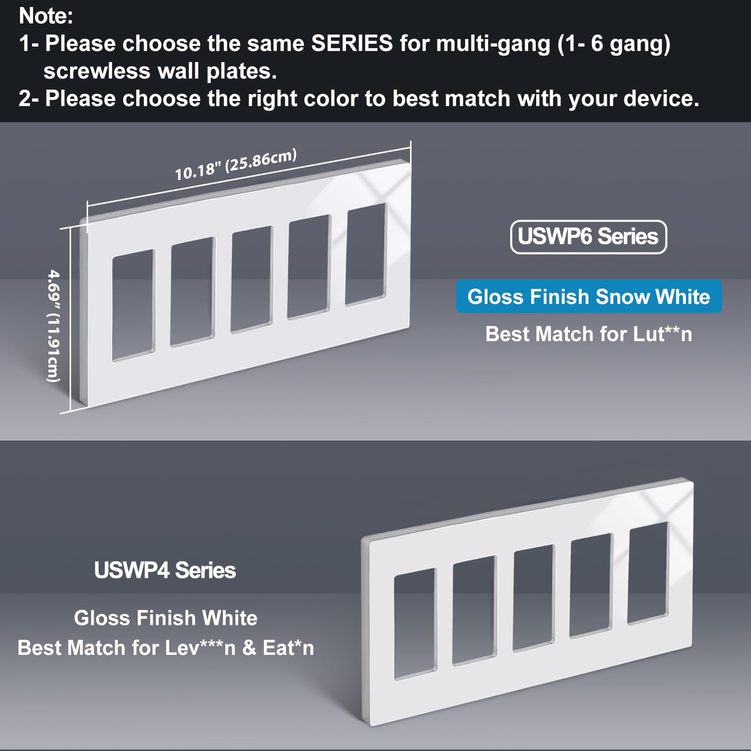 BESTTEN 5-Gang Screwless Wall Plate, USWP6 Gloss Snow White Series, Decorator Outlet Cover, 11.91cm x 25.86cm, for Light Switch, Dimmer, GFCI, USB Receptacle, cETL Listed