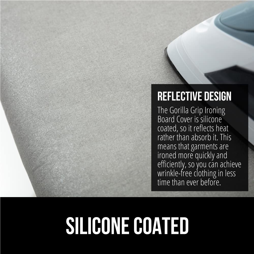 GORILLA GRIP Reflective Silicone Ironing Board Cover, Resist Scorching and Staining, 15x54 Inch, Hook and Loop Fastener Straps, Pads Fit Large and Standard Boards, Elastic Edge, Thick Padding, Silver